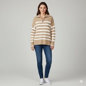 Lands' End 100% Cotton Women's Tan and White Striped Sweater Size XL